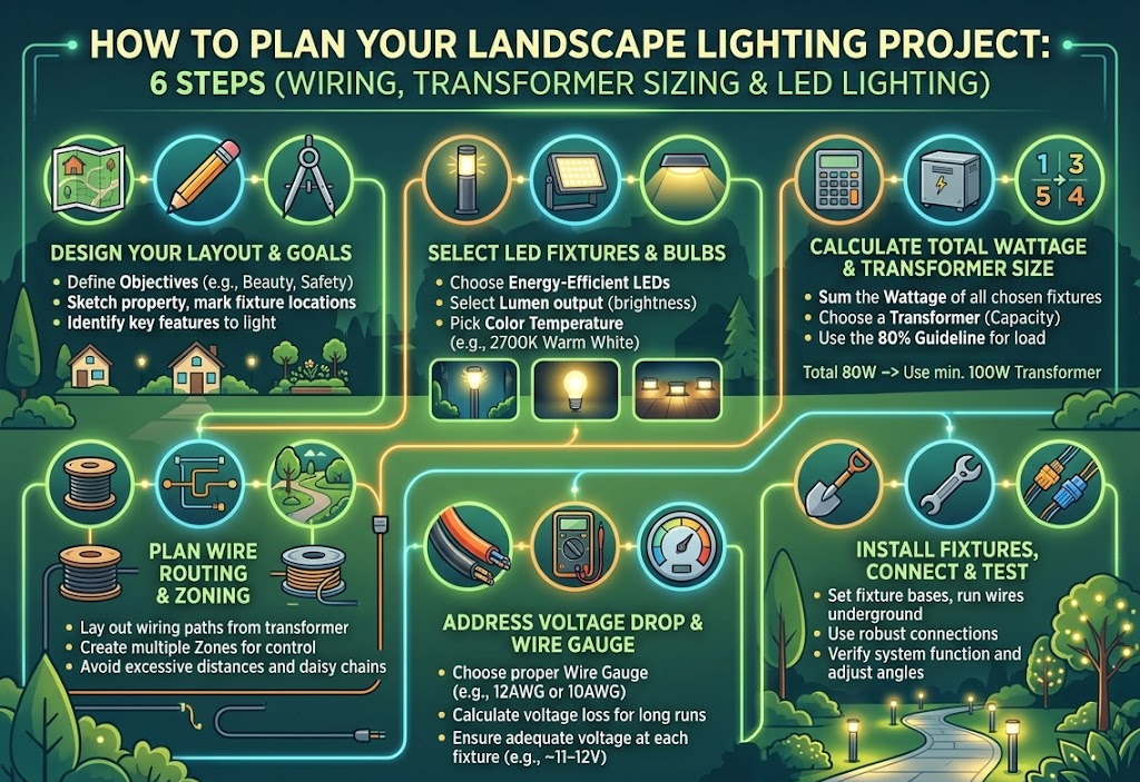 How to Plan Your Landscape Lighting Project: Wiring, Transformer Sizing & LED Lighting in 6 Steps