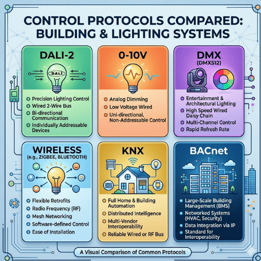 Control Protocols Compared — DALI-2, 0-10V, DMX, Wireless, KNX, BACnet