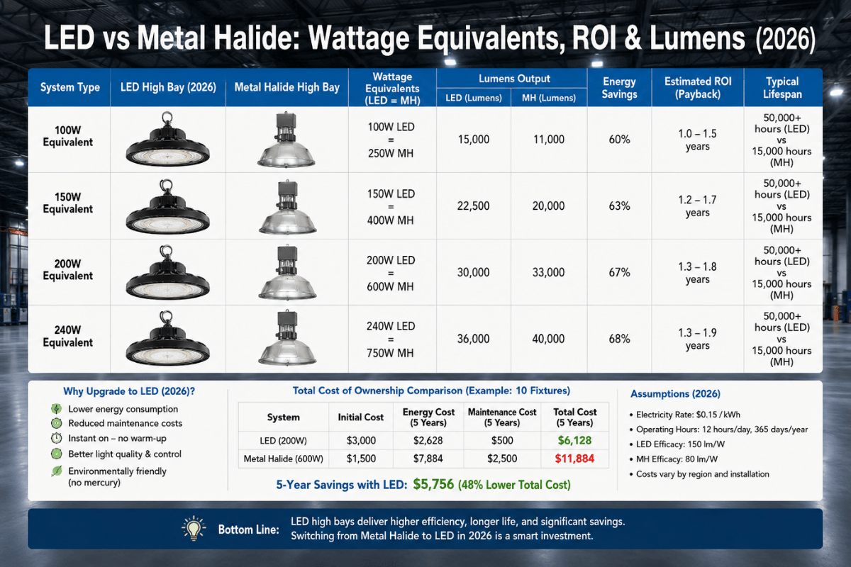 LED vs Metal Halide: Wattage Equivalents, ROI & Lumens (2026)