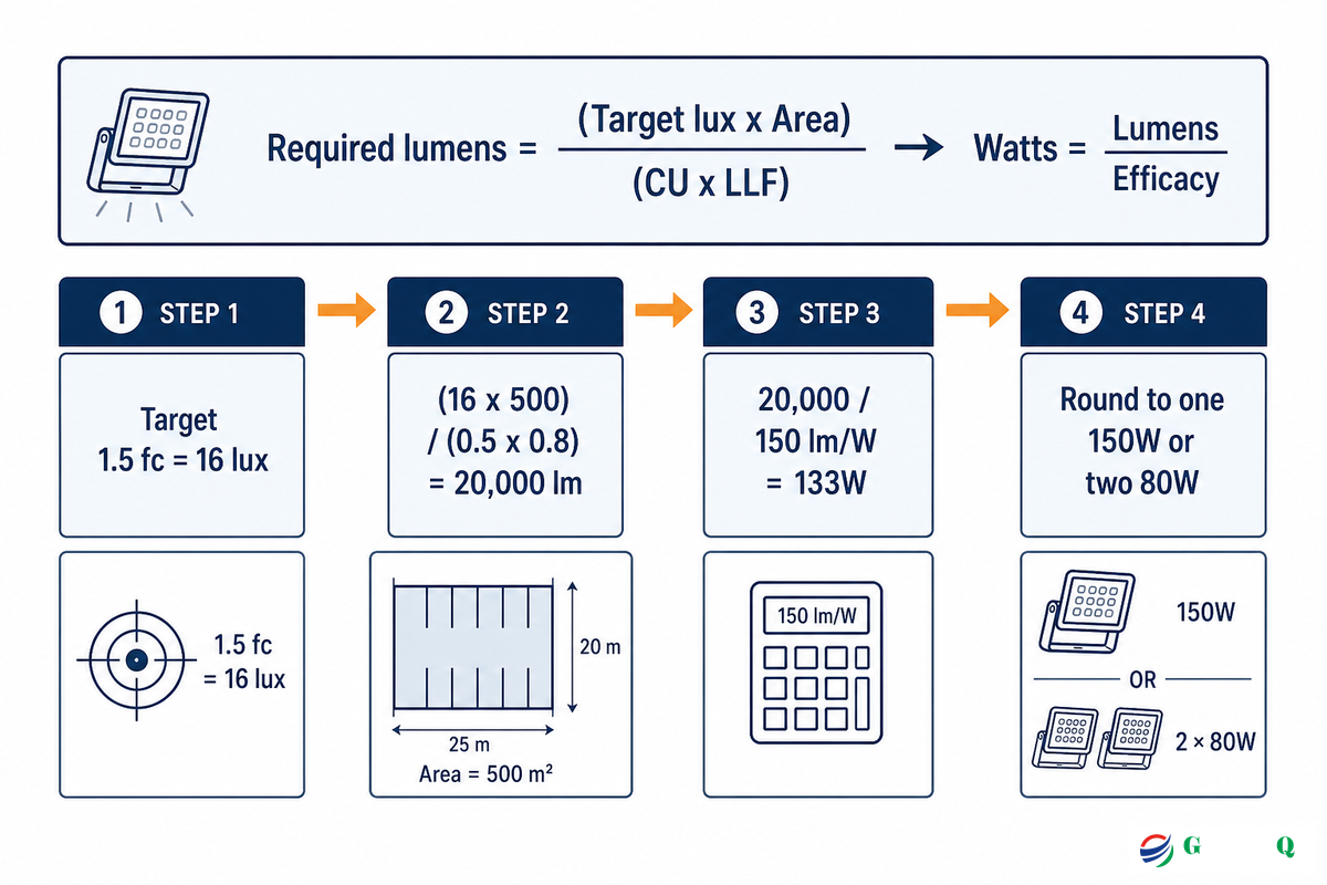 How to Calculate the Wattage You Actually Need — the 4-Factor Flood Light Sizing Formula — Guangqi Lighting