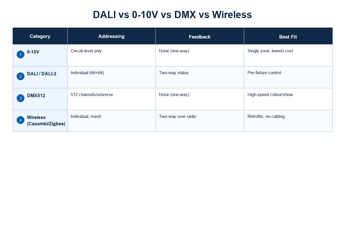 DALI vs 0-10V vs DMX vs Wireless: Full Comparison Table — Guangqi Lighting