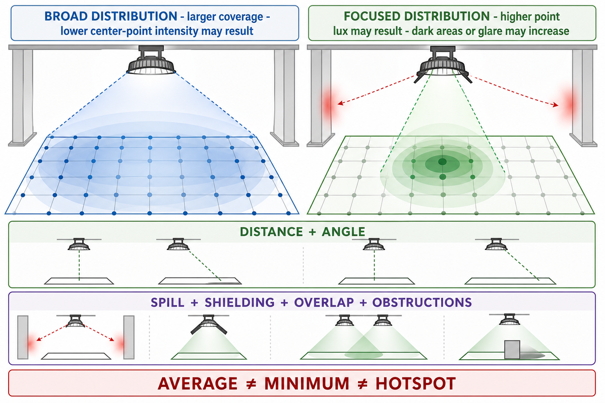Why the same lumens can produce different lux