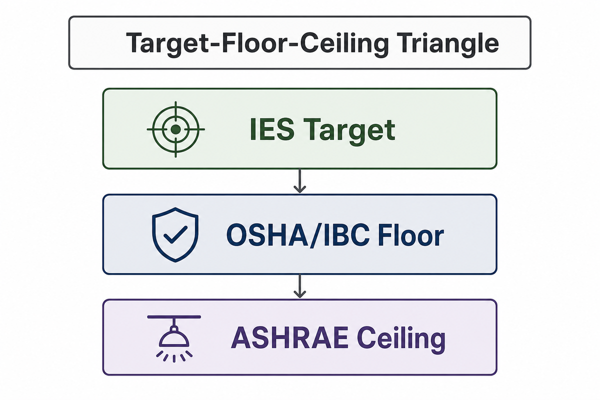The Target-Floor-Ceiling Triangle: IES, OSHA, and ASHRAE Standards — Guangqi Lighting