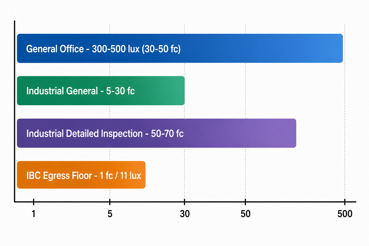 Illuminance Targets by Space Type (Office, Industrial, Warehouse, Retail) — Guangqi Lighting