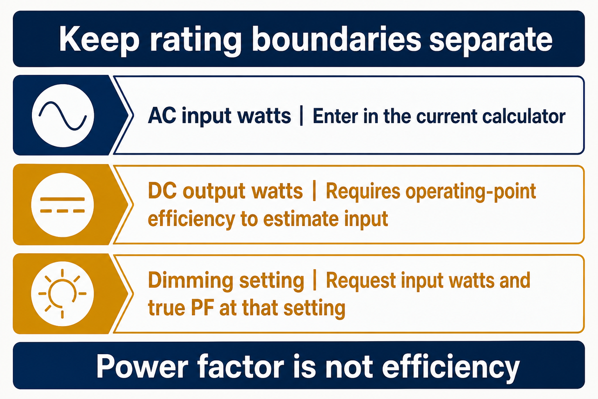 AC input, DC output and dimming values have different boundaries; MEAN WELL datasheet and PNNL dimming study.