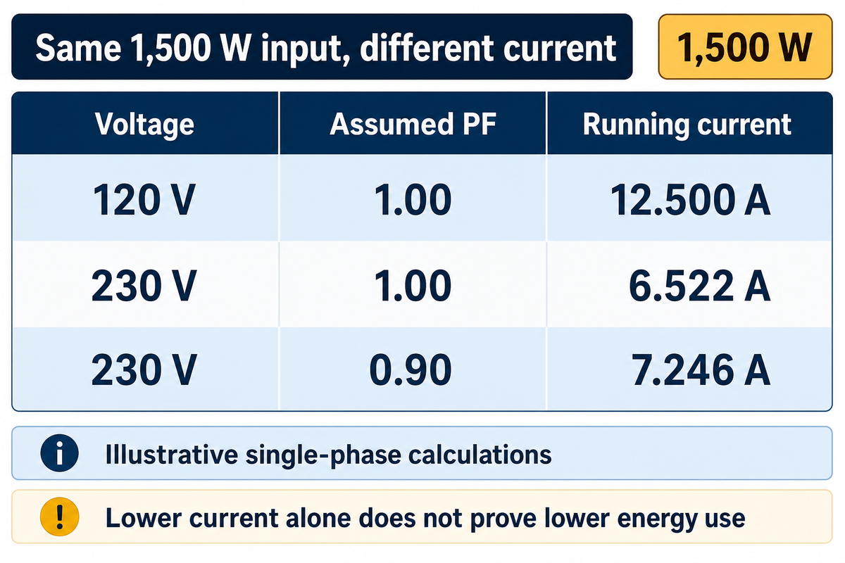 For 1,500 W, current changes with voltage and PF; illustrative calculations from the AC power-factor formula.