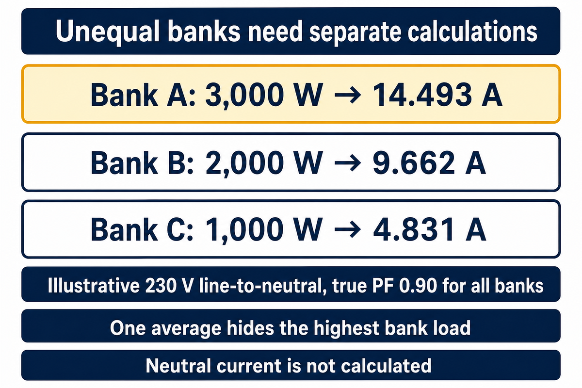 Unequal 3,000, 2,000 and 1,000 W banks need separate current checks; illustrative single-phase calculations.