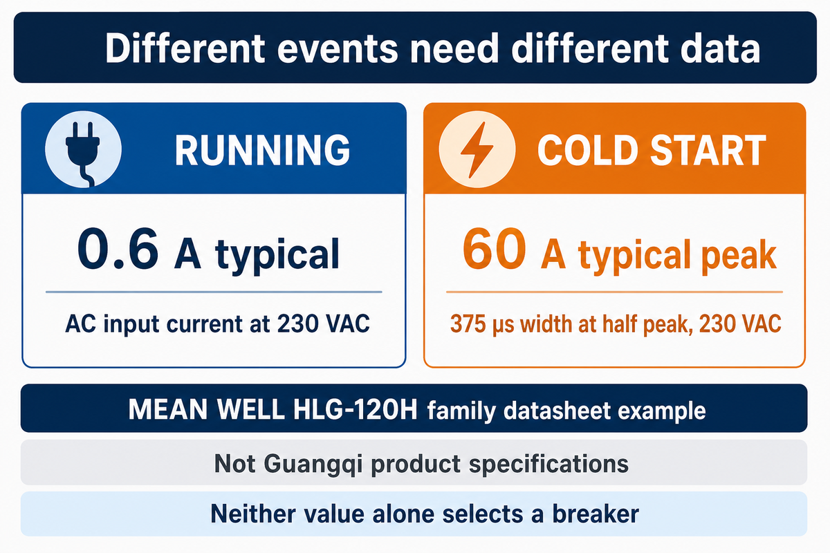 HLG-120H family: typical 0.6 A input versus 60 A cold-start peak at 230 VAC; MEAN WELL datasheet.