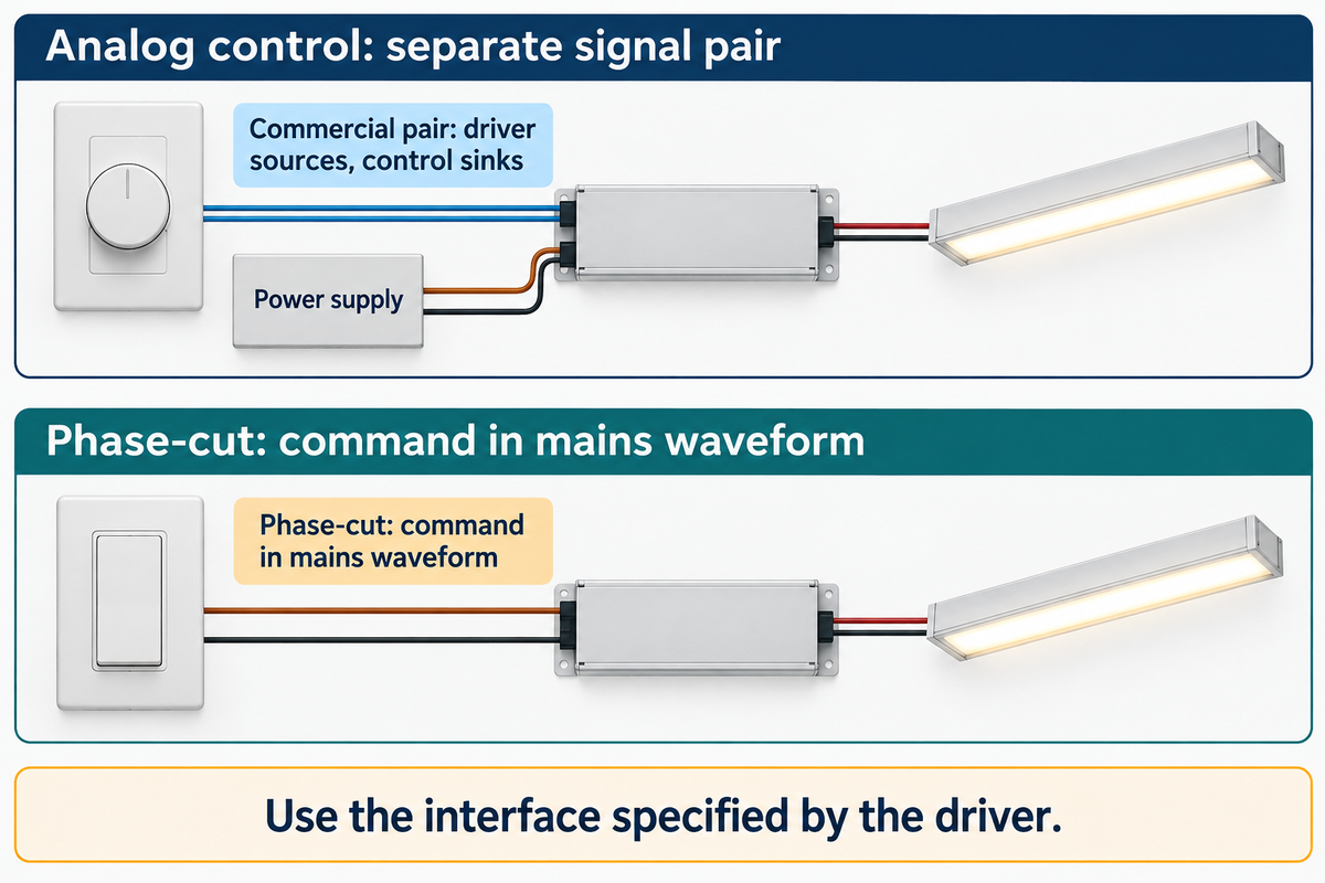 Analog dimming uses a separate pair; phase-cut control changes the mains waveform, per Lutron guidance.