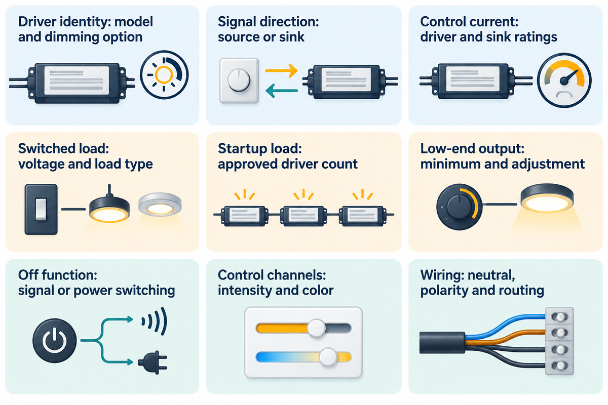 Nine checks connect driver identity, interface, capacity and wiring requirements; Lutron, ETC and DOE guidance.