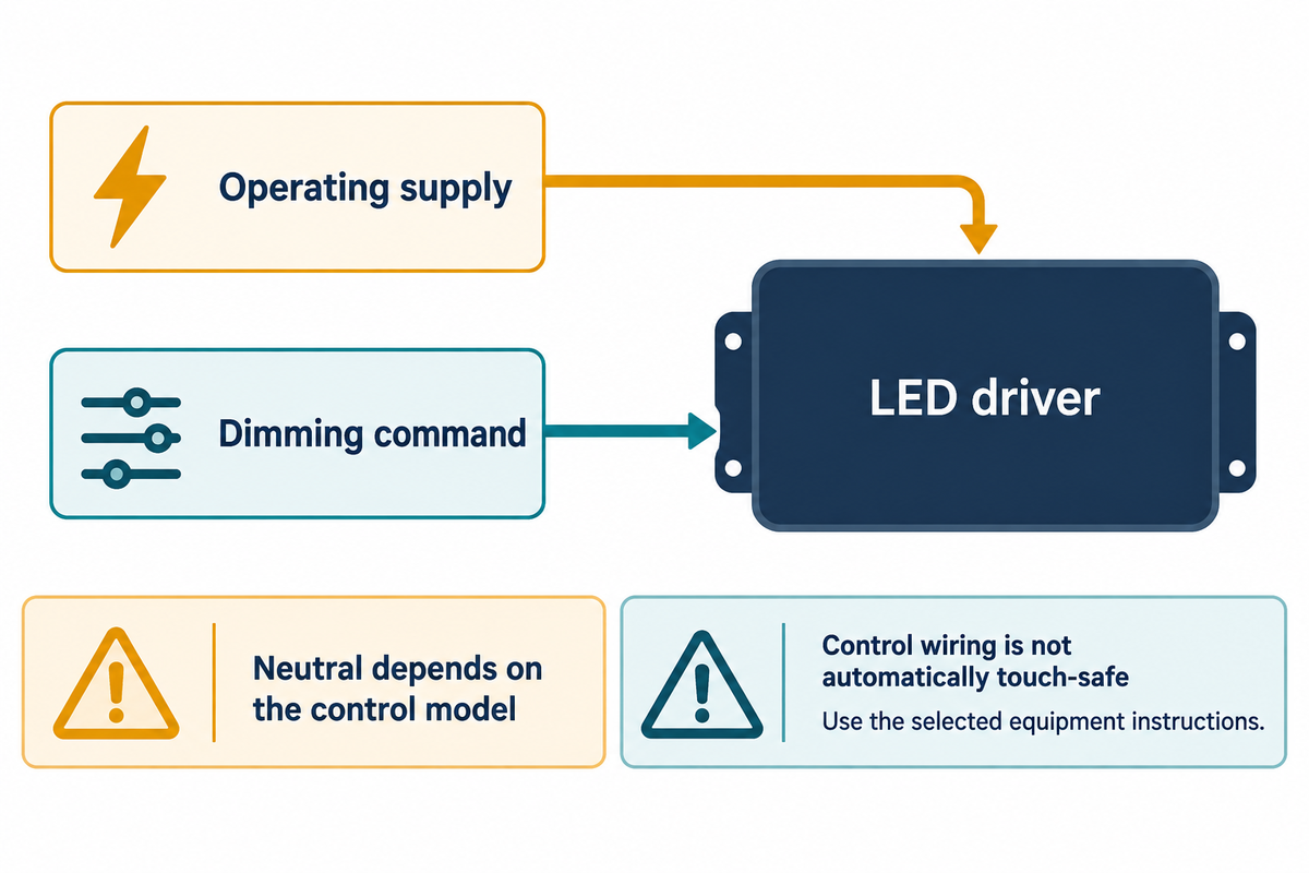 Operating supply and dimming command use distinct paths; ETC warns control conductors may not be isolated.