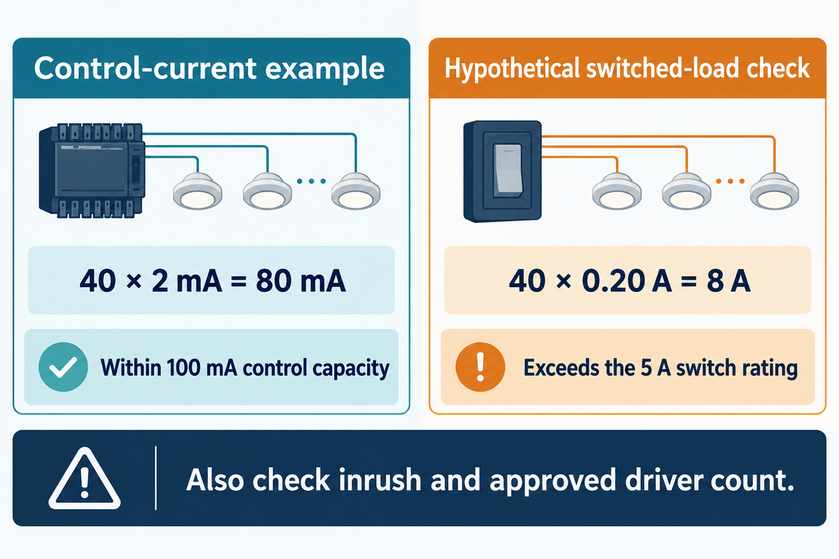 Example: 80 mA fits a 100 mA control, but an assumed 8 A load exceeds a 5 A switch; ETC-based arithmetic.