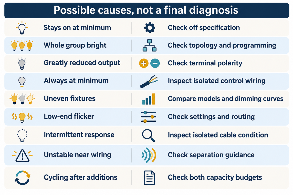 Nine symptom patterns guide checks of off behavior, wiring, curves and capacity; Hatch and ETC guidance.