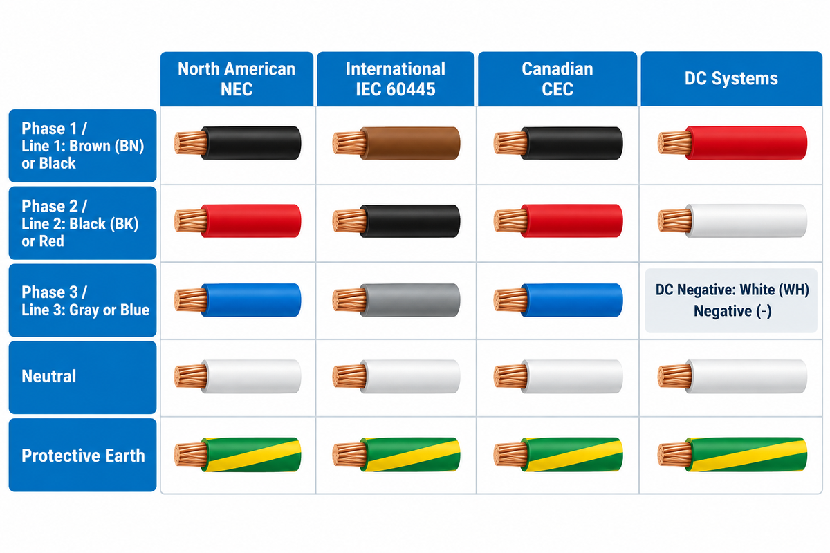 Cross-standard colour code for wires comparing NEC NFPA 70, IEC 60445, and BS 7671 live, neutral, and earth conductors.
