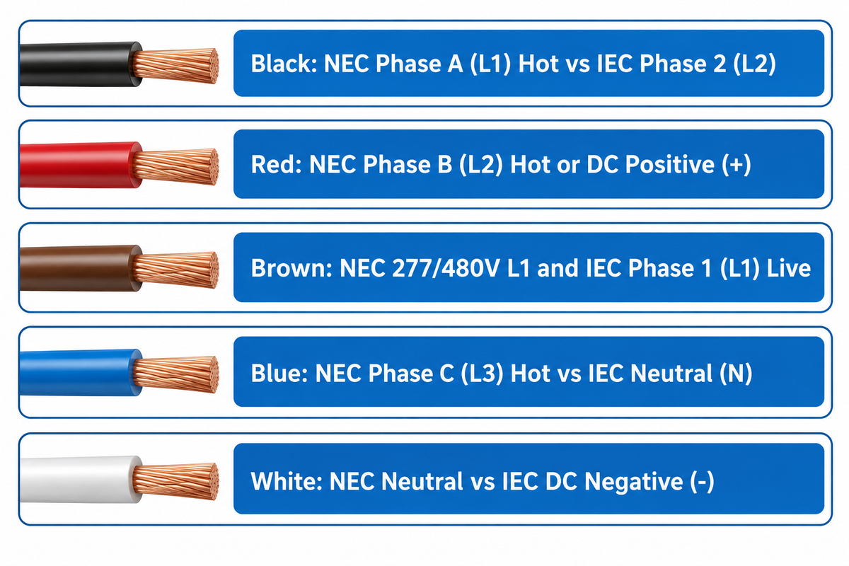 Single-conductor wire colour meanings for Black, Red, Brown, Blue, and White under NEC and IEC 60445.