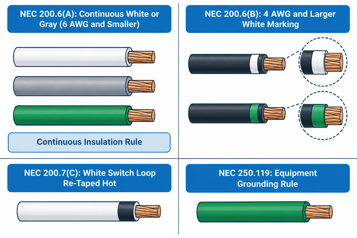 US NEC NFPA 70 wire colour rules showing the 6 AWG vs 4 AWG phase-tape boundary under Articles 200.6 and 250.119.