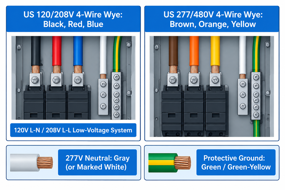Three-phase wire colour code comparison between 120/208V Black-Red-Blue and 277/480V Brown-Orange-Yellow systems.
