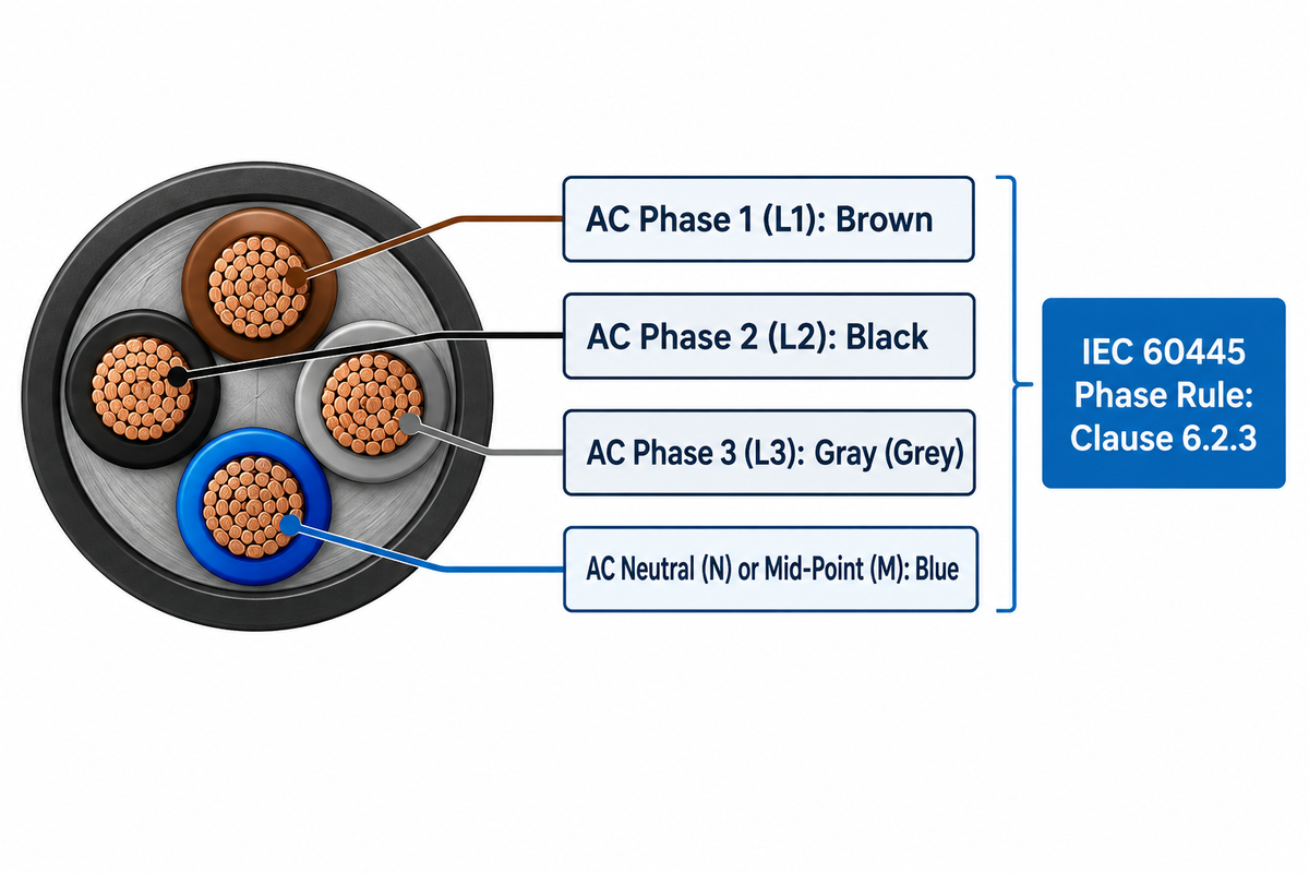 IEC 60445:2021 harmonized cable colour codes for 3-phase AC (Brown, Black, Gray, Blue) and protective earth.