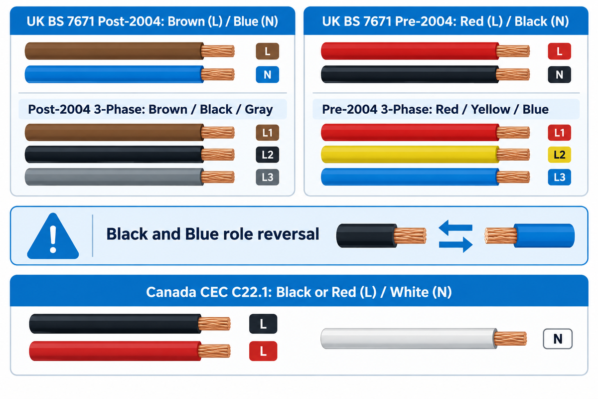UK BS 7671 pre-2004 vs post-2004 wire colour changes alongside Canada CEC C22.1 regional wiring rules.