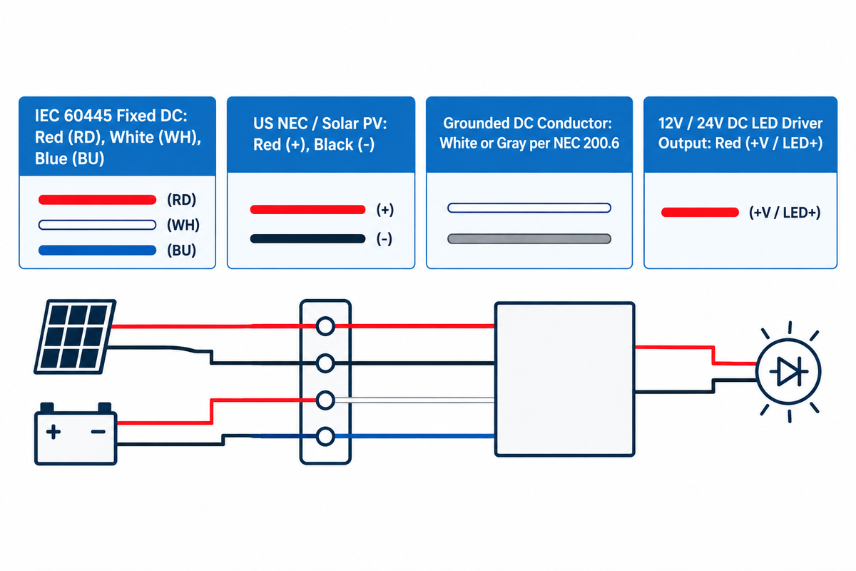 DC power and 12V/24V LED driver wire colour codes across IEC 60445 Clause 6.2.4 and US NEC Article 690.