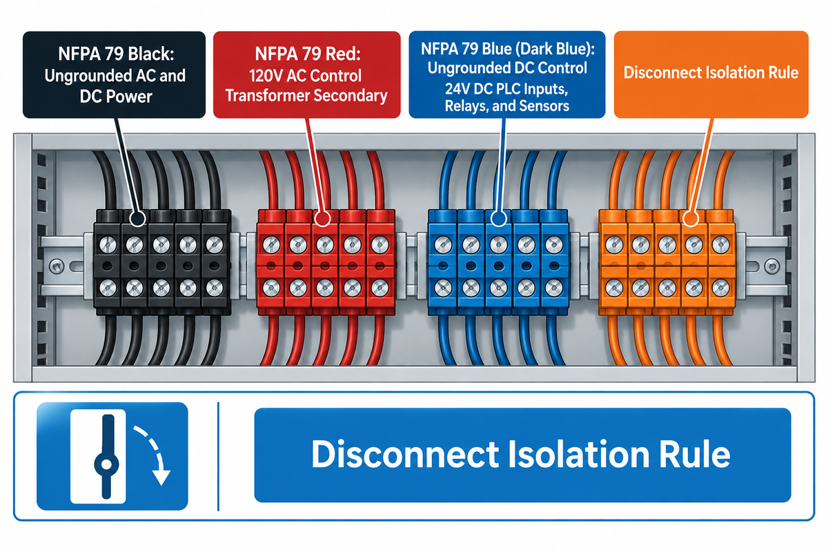 NFPA 79 and UL 508A industrial control panel wire colour codes for Black power, Red 120V AC, and Blue 24V DC.