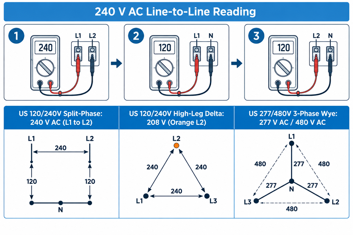 True-RMS multimeter wire verification matrix for 120/240V, 120/208V, 208V high-leg delta, and 277/480V systems.