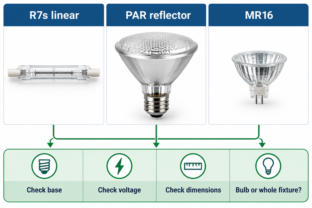 R7s, PAR and MR16 require separate base, voltage and dimension checks; appearance alone does not establish fit.