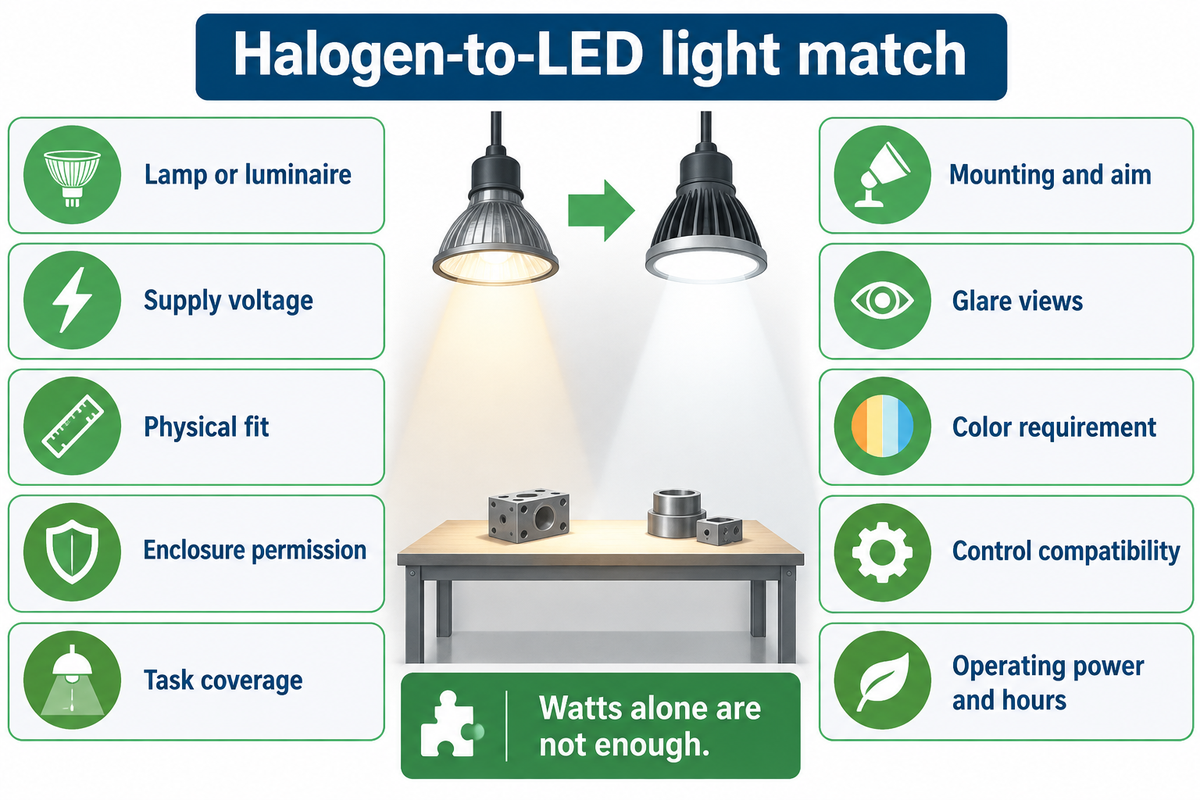 Ten checks separate electrical fit, useful illumination and operation before approving a halogen-to-LED replacement.