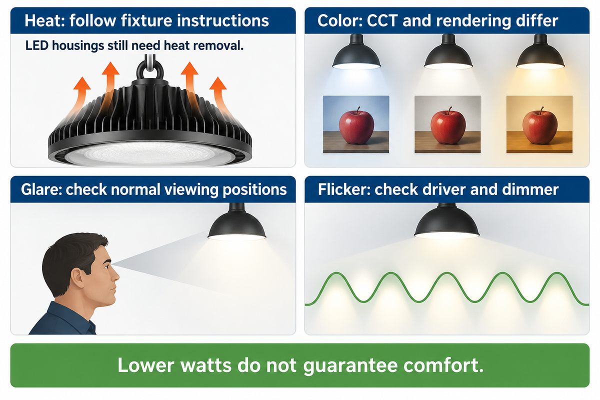 DOE guidance supports separate checks for enclosure heat, color, glare and driver-dimmer behavior.