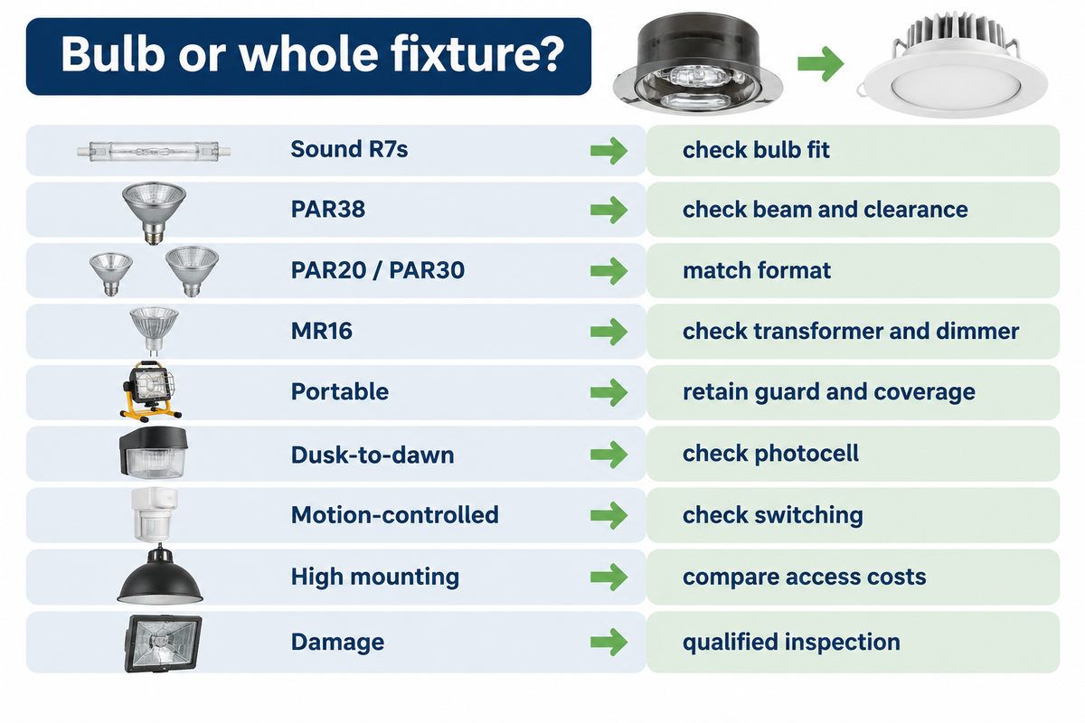 Nine installation conditions change the replacement route, including enclosure fit, controls and damaged equipment.
