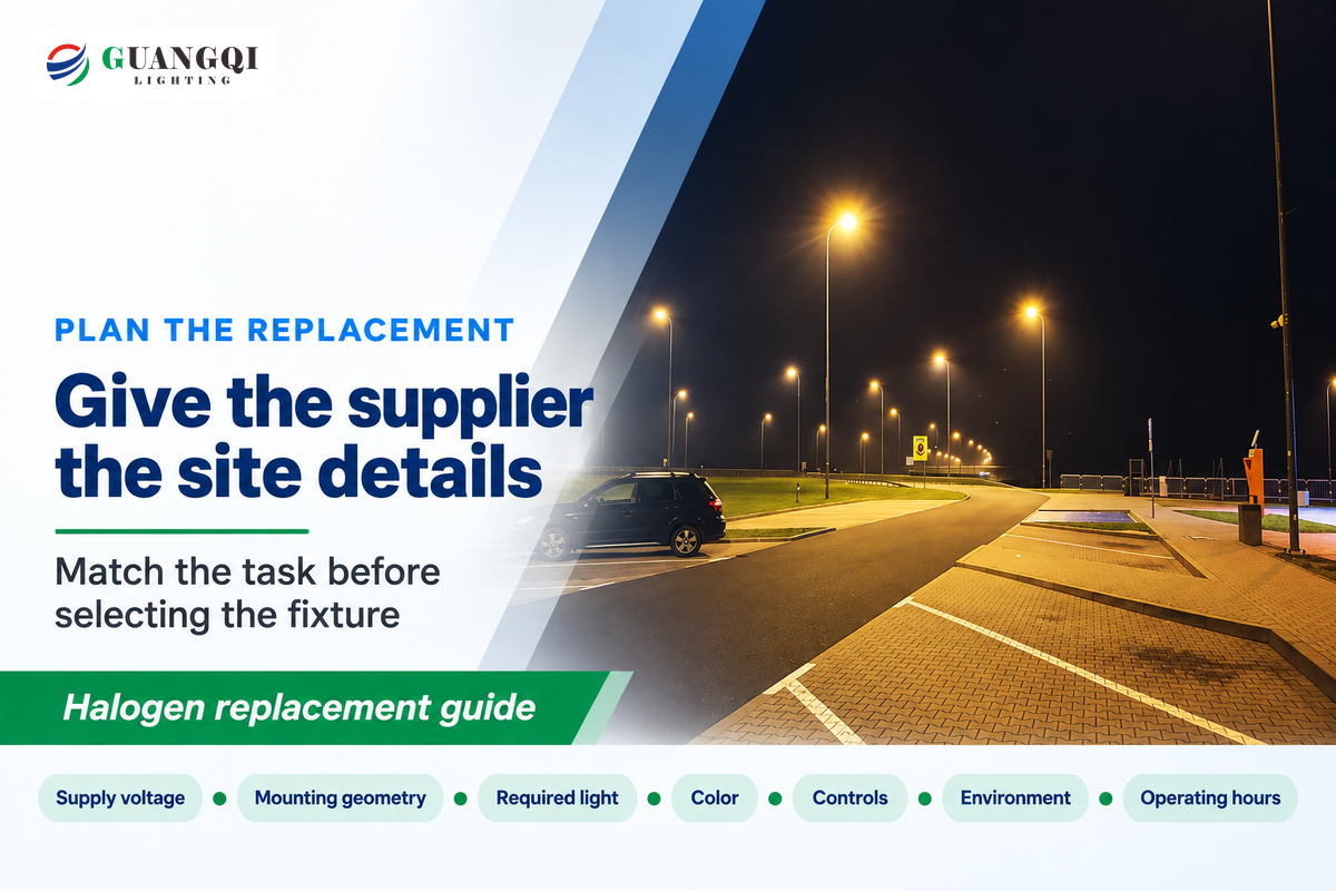 A site brief should state voltage, mounting, lighting requirement, color, controls, exposure and operating hours.