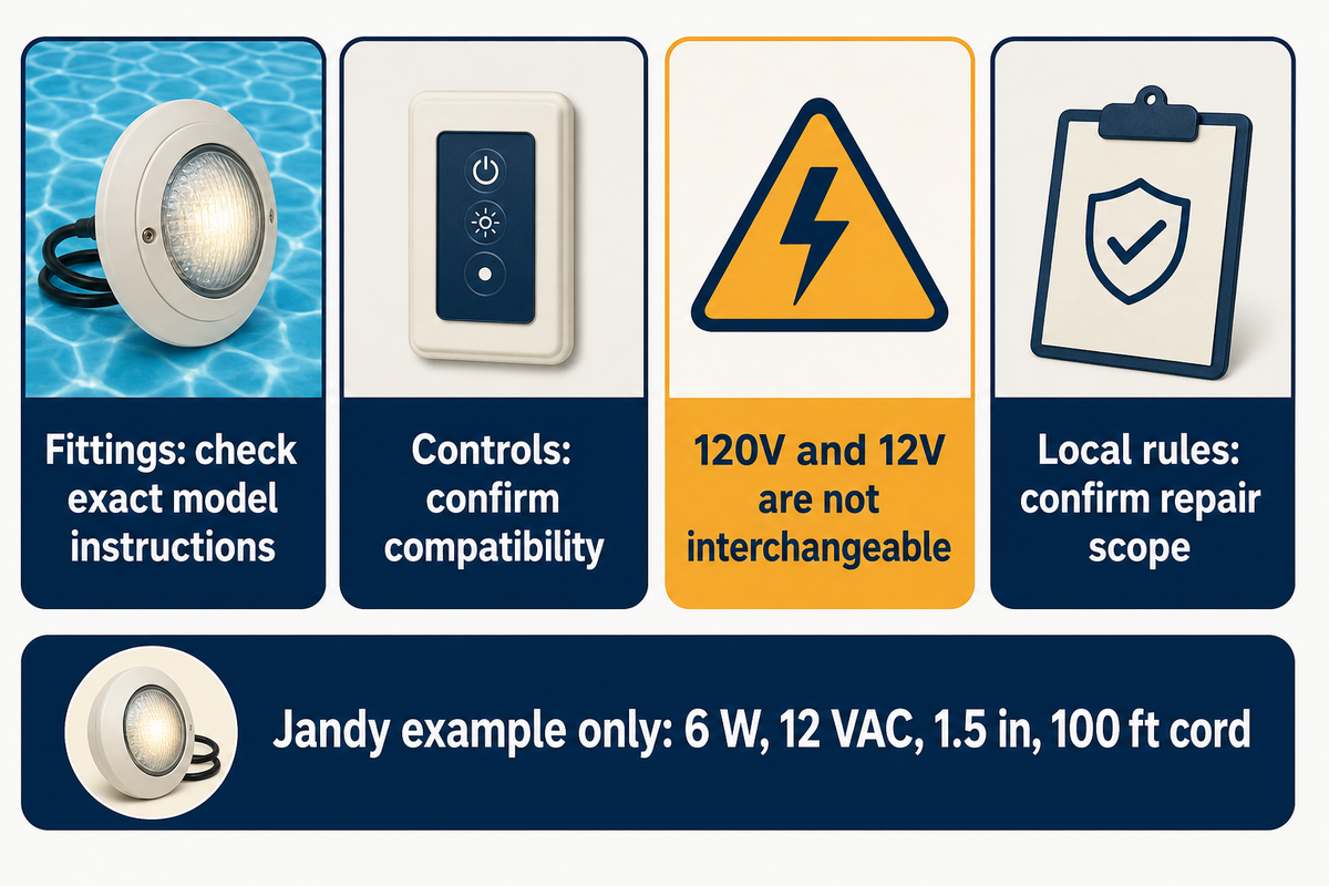 Matching housings do not make 120V and 12V interchangeable; Pentair catalog, Miami-Dade scope, Jandy.