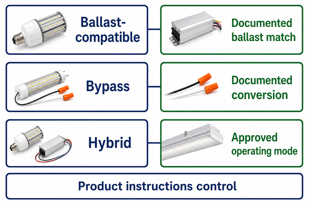 Document ballast match, bypass conversion or approved hybrid mode; product instructions control (UL conversion guidance)
