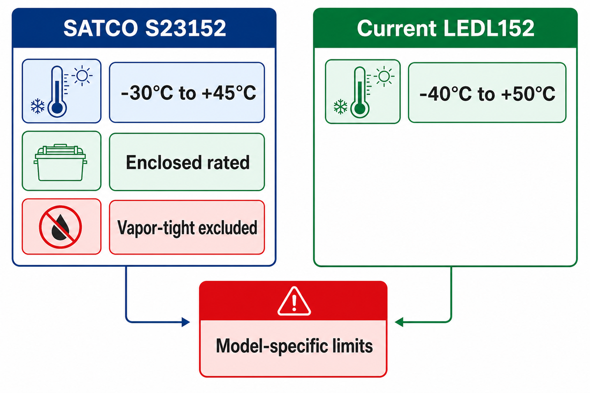 SATCO S23152: -30 to +45 C, enclosed rated, vapor-tight excluded; Current LEDL152: -40 to +50 C