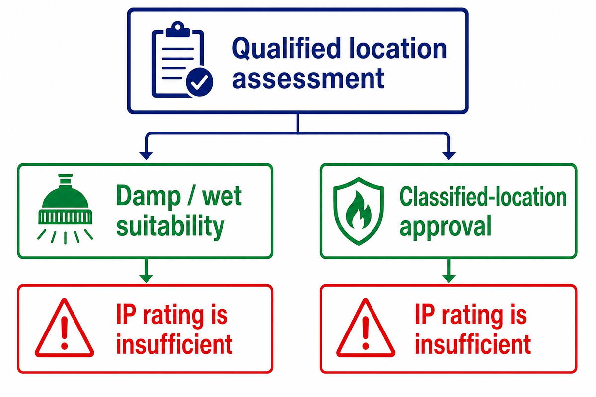 IP rating alone does not establish damp/wet suitability or classified-location approval (OSHA 1910.307)