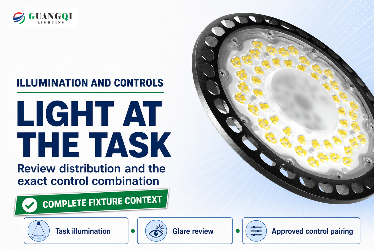Assess installed task illumination, glare and the exact approved control pairing; complete fixture shown as context