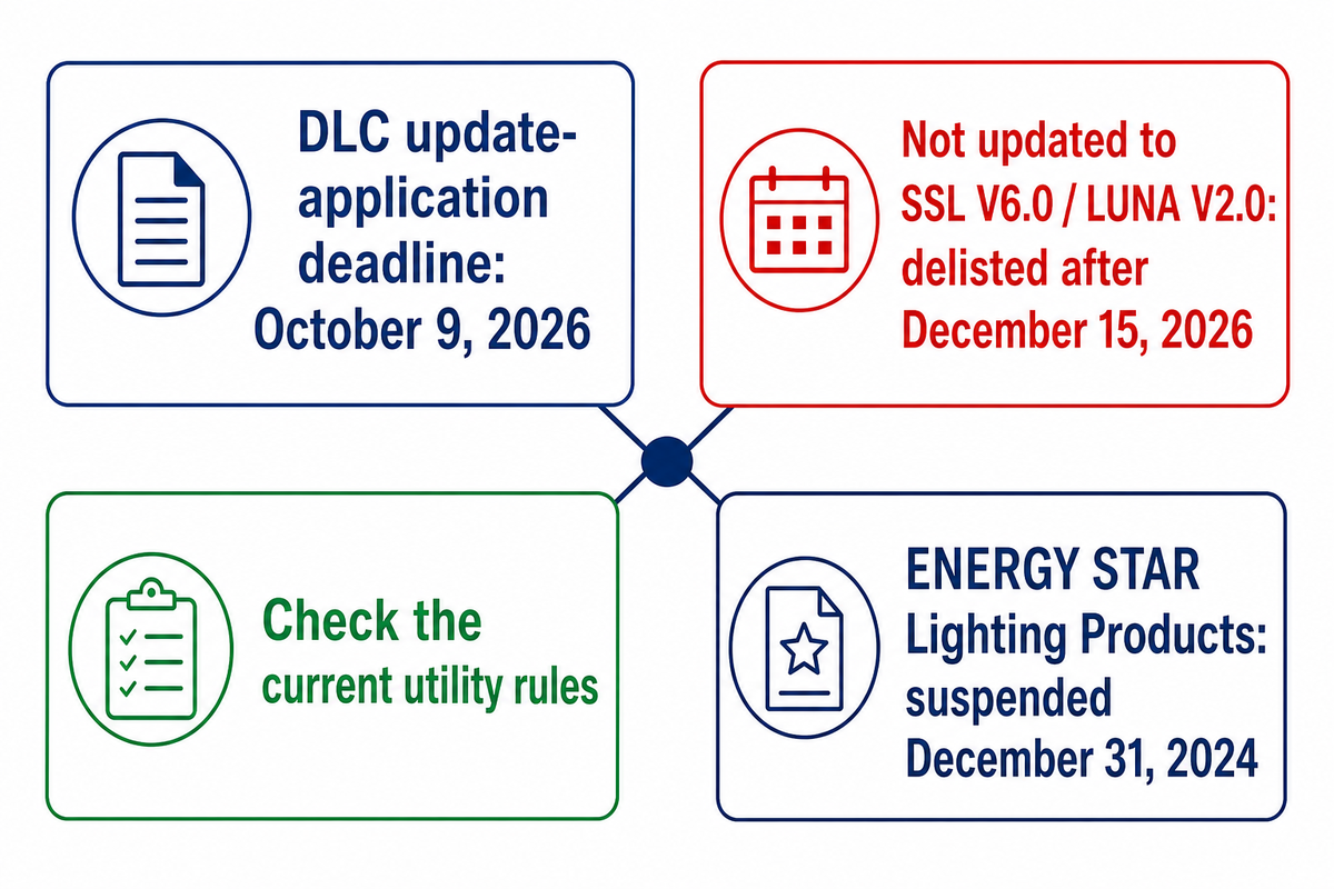 DLC: update deadline Oct 9, 2026; delist after Dec 15, 2026. EPA: lighting products suspended Dec 31, 2024
