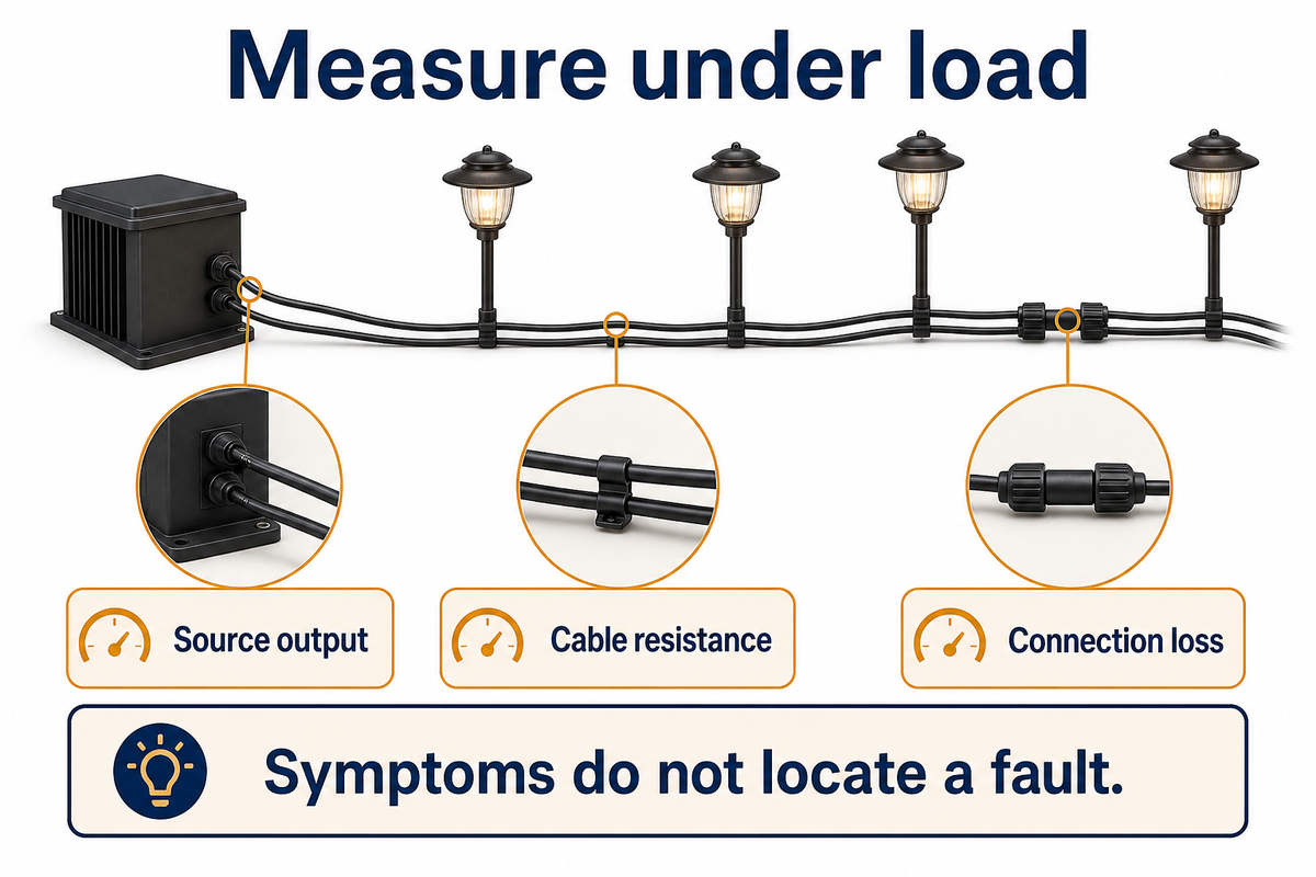 Loaded measurements separate source output, cable resistance and connection loss; symptoms alone do not locate a fault.