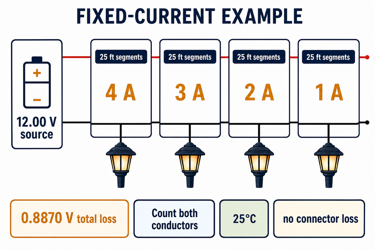 Fixed-current 100 ft example: segment currents fall from 4 A to 1 A, producing 0.8870 V cable loss at 25°C.