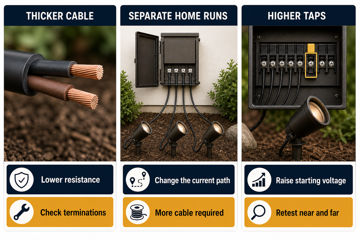 Thicker cable lowers resistance, separate home runs change current paths, and higher taps require near and far retesting.