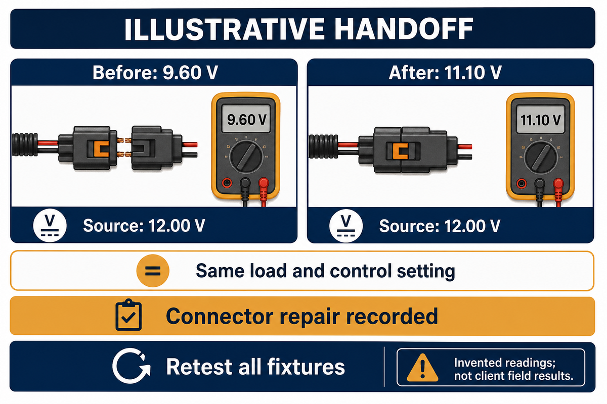 Illustrative handoff keeps source at 12.00 V while the last fixture changes from 9.60 to 11.10 V after connector repair.