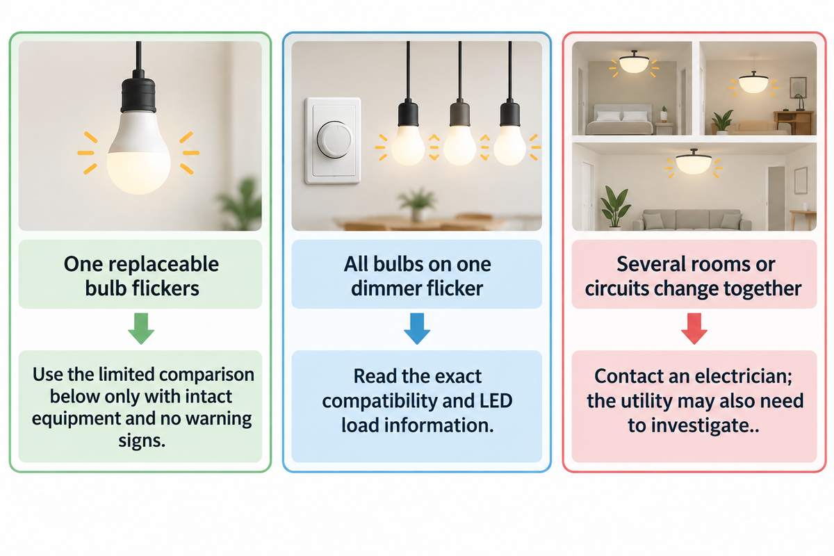 One bulb, a dimmer group and multiple circuits need different next checks (ESFI/DOE synthesis).