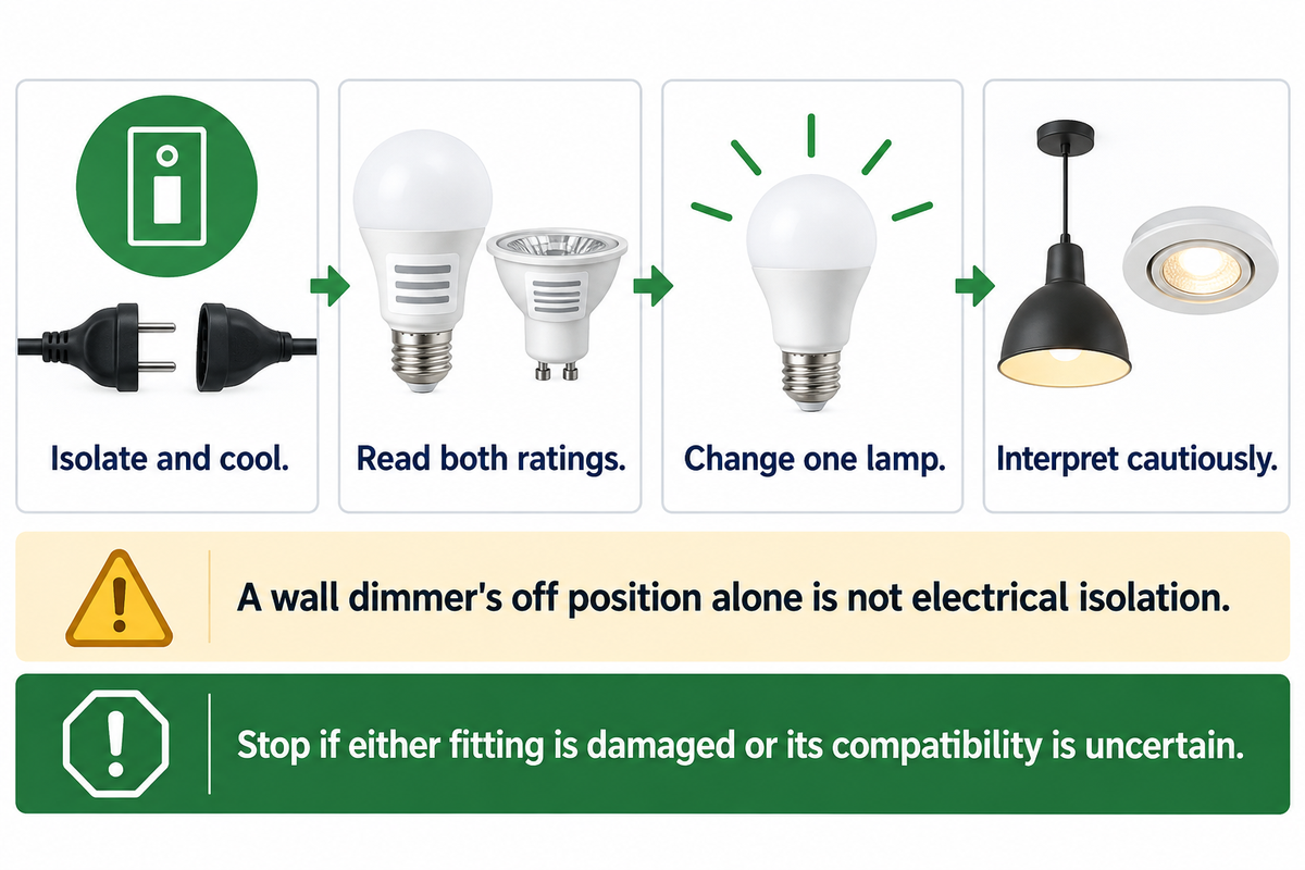 Isolate, cool and compare intact compatible lamps; stop for damage or uncertainty (safety-guidance synthesis).