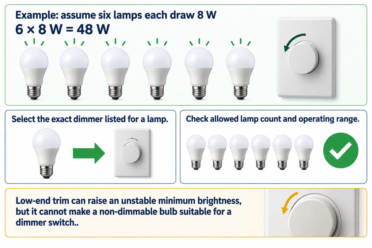 Assumed six 8 W lamps draw 48 W; exact dimmer pairing still governs (worked example and Lutron guidance).