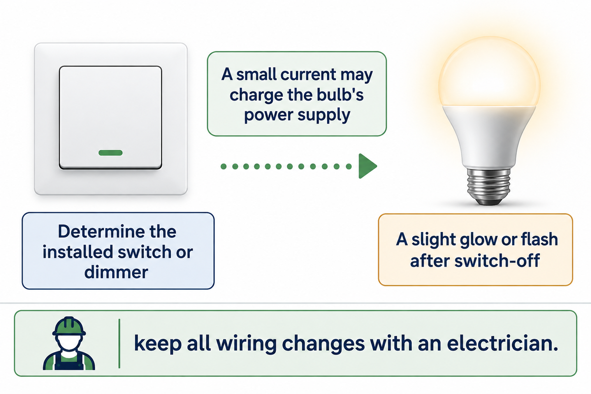 Some electronic controls can pass current after switch-off; identify the model and leave wiring to an electrician (Lutron).