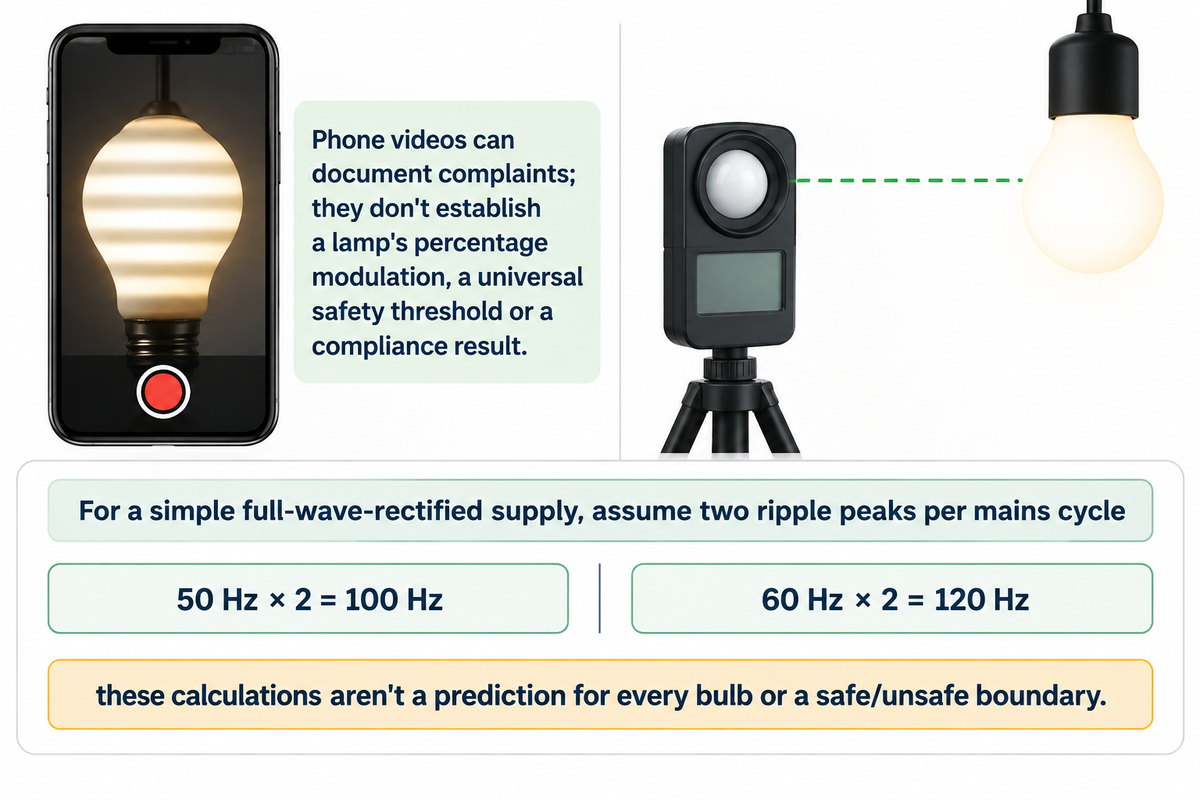 Phone bands are not a calibrated flicker result; 100/120 Hz examples apply only to an assumed full-wave model (DOE review).