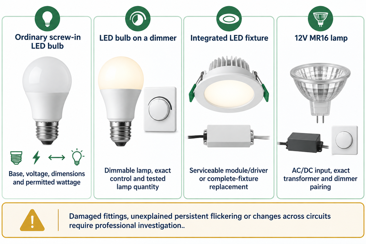 Match bulb, dimmer, integral fixture and MR16 replacement routes before ordering (DOE and manufacturer synthesis).