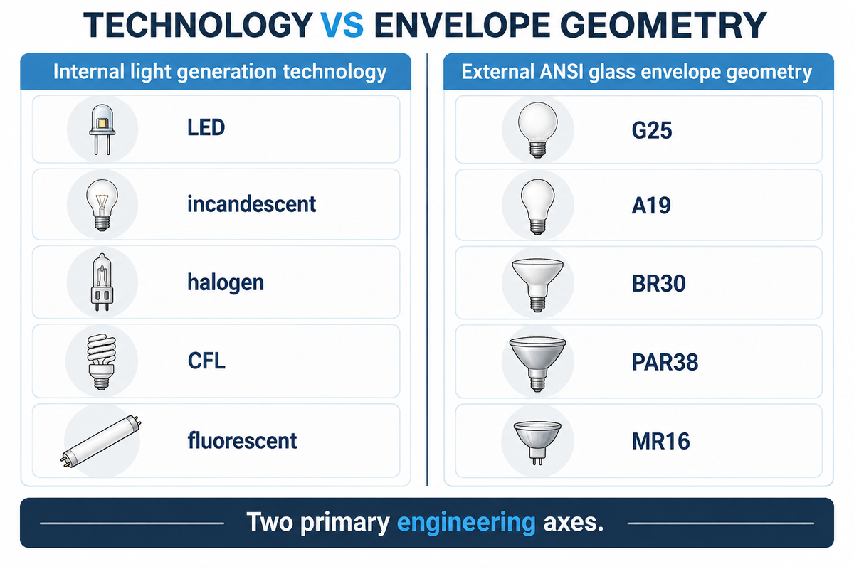 Infographic separating internal light generation technology from external ANSI glass envelope geometry
