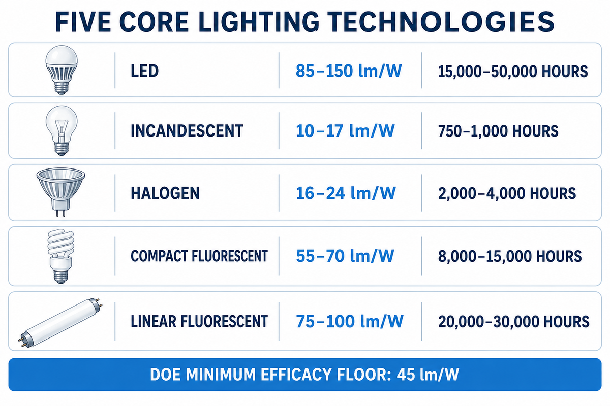 Comparison chart of luminous efficacy and lifespan across LED, incandescent, halogen, CFL, and fluorescent bulbs