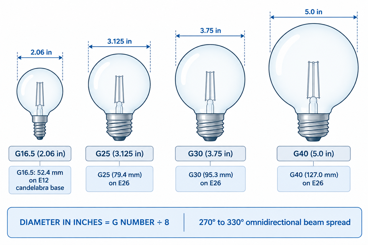 Scale diagram of G16.5, G25, G30, and G40 spherical light globes with diameters in inches and millimeters